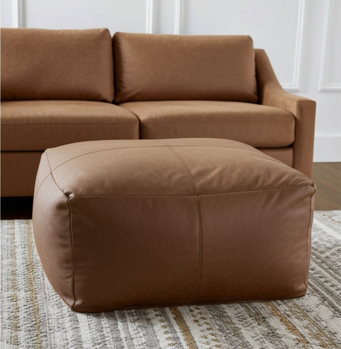 22" Genuine Leather Pouf Ottoman - Brown
