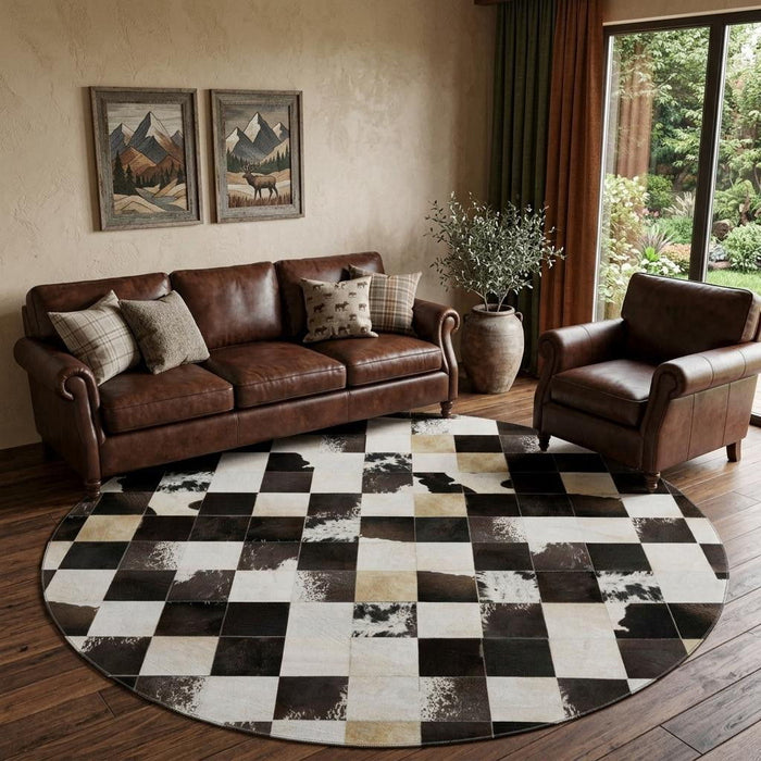 8' Patchwork Washable Round Rug With UV Protection (644739) - Black / Ivory / Beige