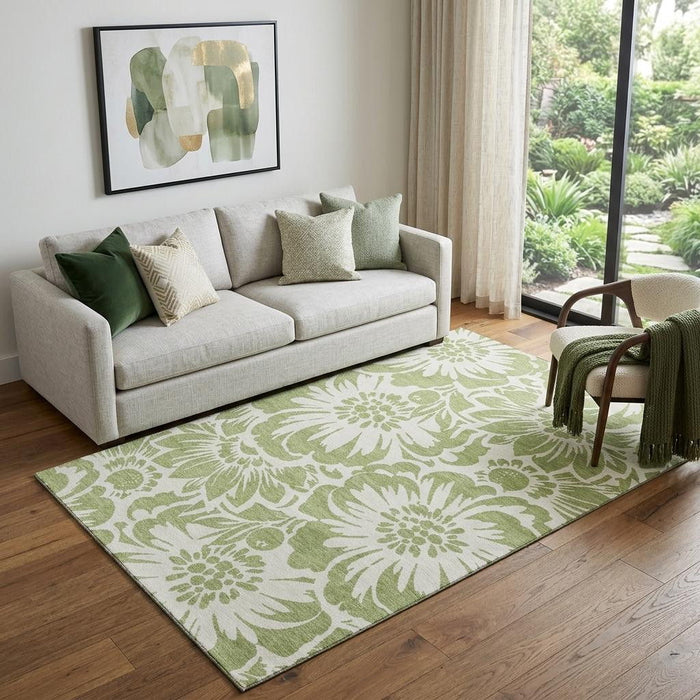 5' X 8' Floral Washable Area Rug With UV Protection (648612) - Fern Green / Ivory
