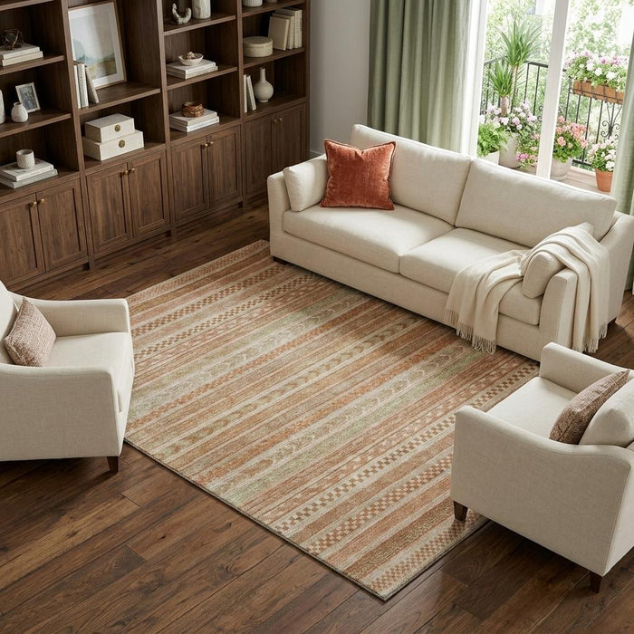 10' X 14' Striped Washable Area Rug With UV Protection (695228) - Terra Cotta / Gold / Beige