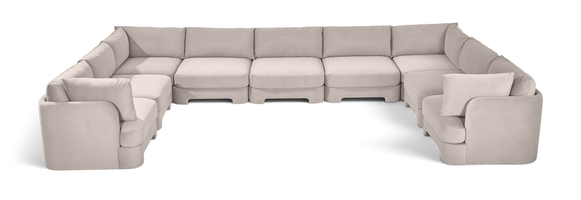 Meridian Furniture velvet upholstered 9-piece stationary sectional sofa with plush cushions and modern design.