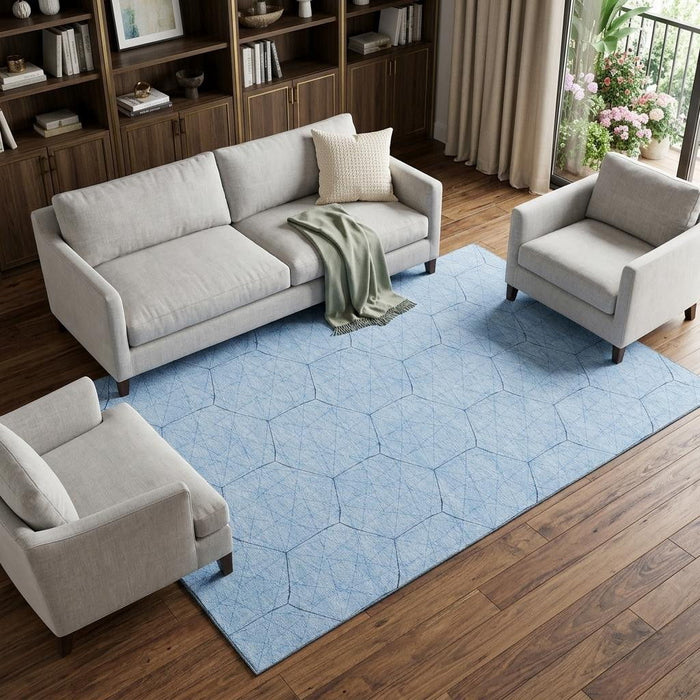10' X 14' Geometric Washable Area Rug With UV Protection (677903) - Sky Blue / Denim Blue