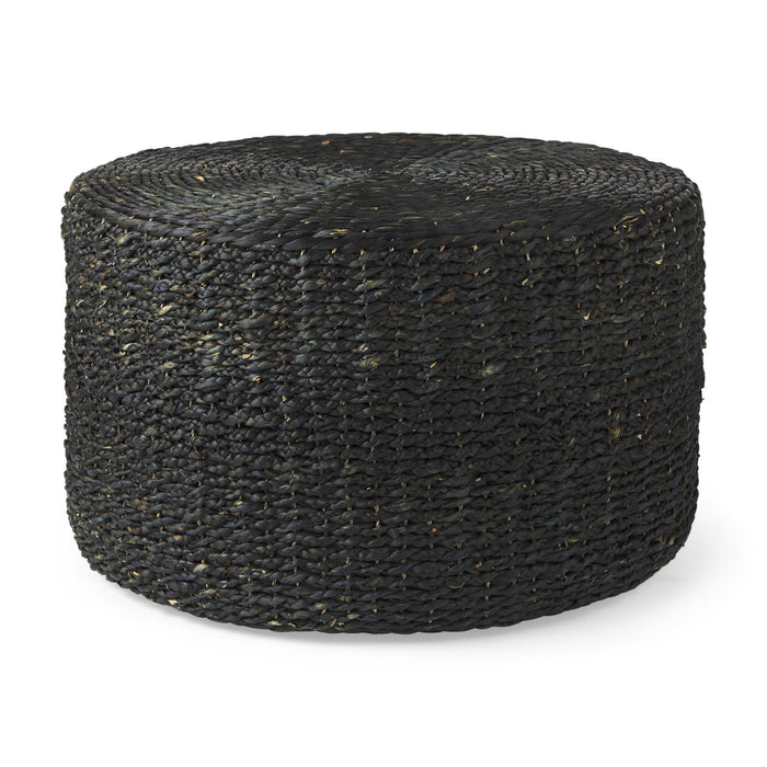 30" Water Hyacinth Round Pouf Ottoman - Black
