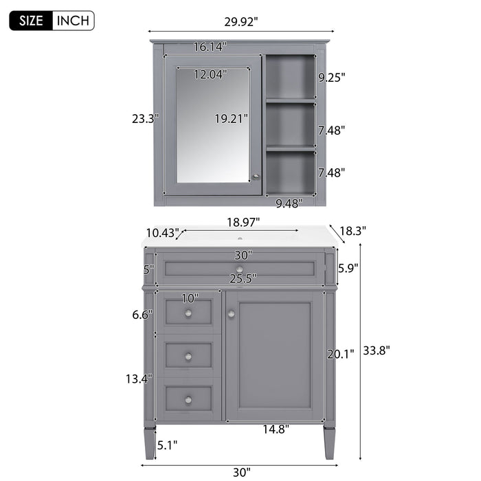 Giga bathroom vanity with medicine cabinet, modern storage cabinet featuring two soft-close doors and four drawers in a sleek design.