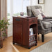 Red walnut Giga traditional end table with built-in charging station, USB ports, and outlets, narrow side table design.