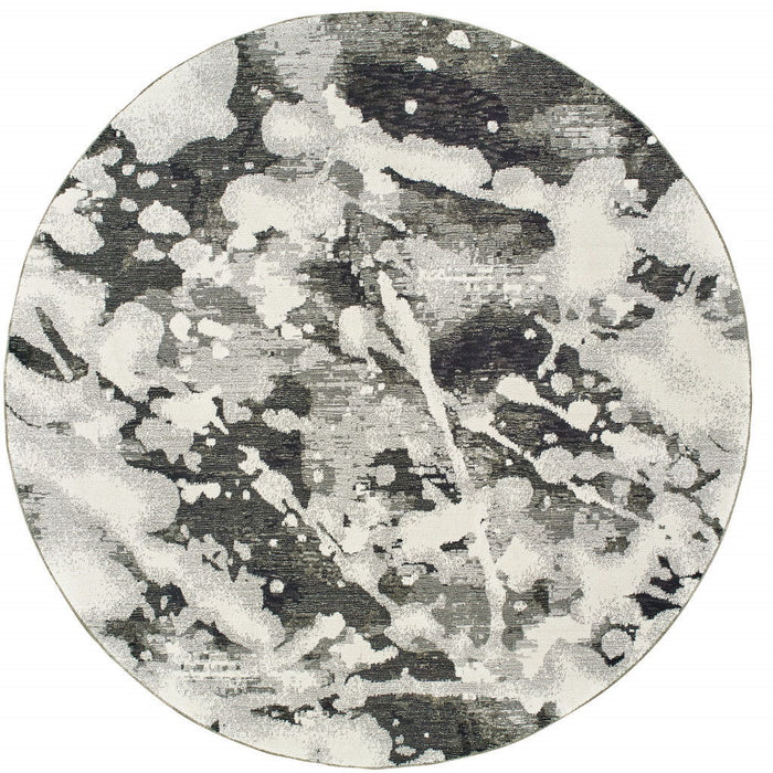 8' Round Abstract Power Loom Area Rug - Gray And White