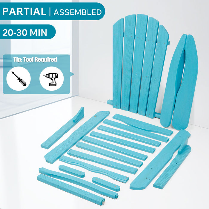 Giga turquoise blue outdoor lounge patio chair with embossed design, foldable Adirondack arm chair for garden or patio use.