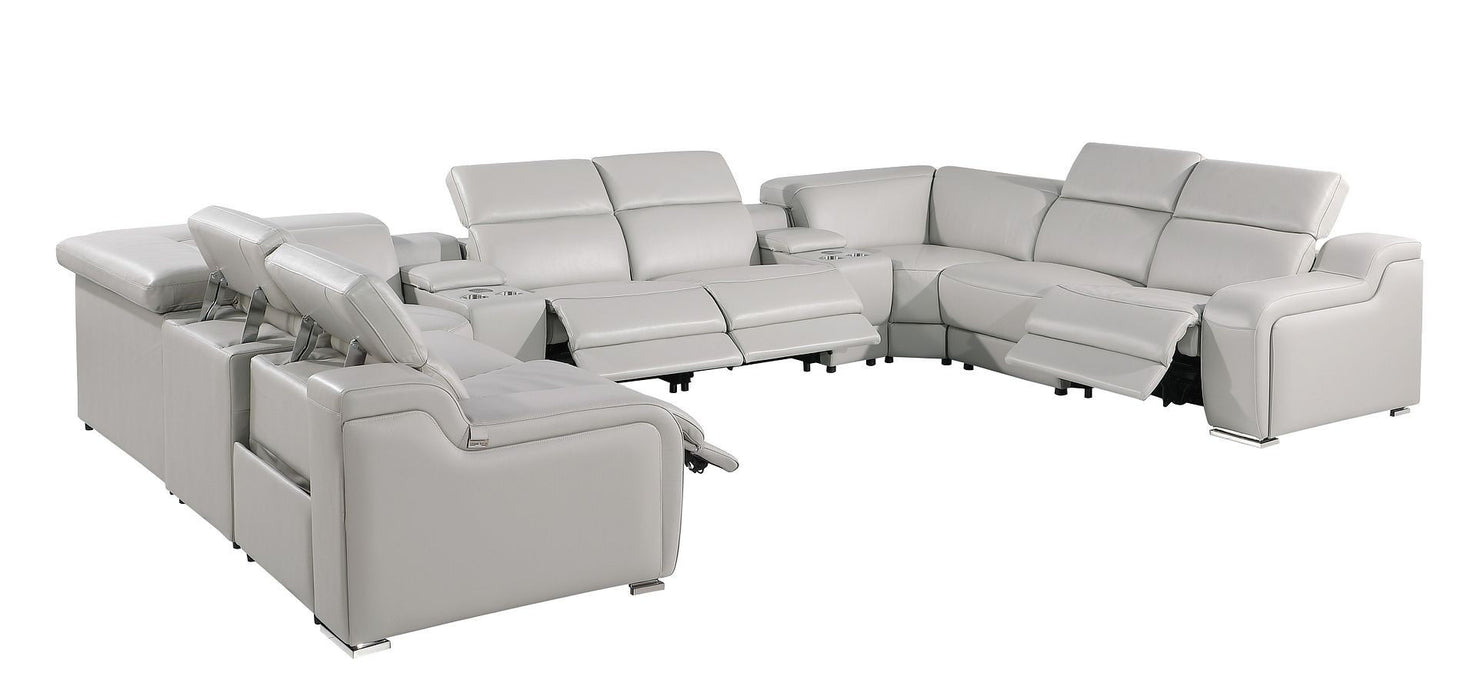 Italian Leather Power Reclining U-Shaped Ten Piece Corner Sectional With Console - Light Gray