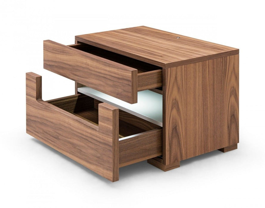 Dazzling Contemporary Led Nightstand With Two Drawers - Walnut