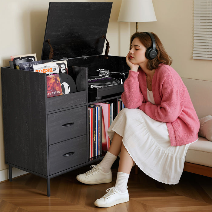 Giga eco-friendly vinyl record player stand with flip-top storage, dustproof drawers, and dual outlets, designed as a stylish media sideboard.