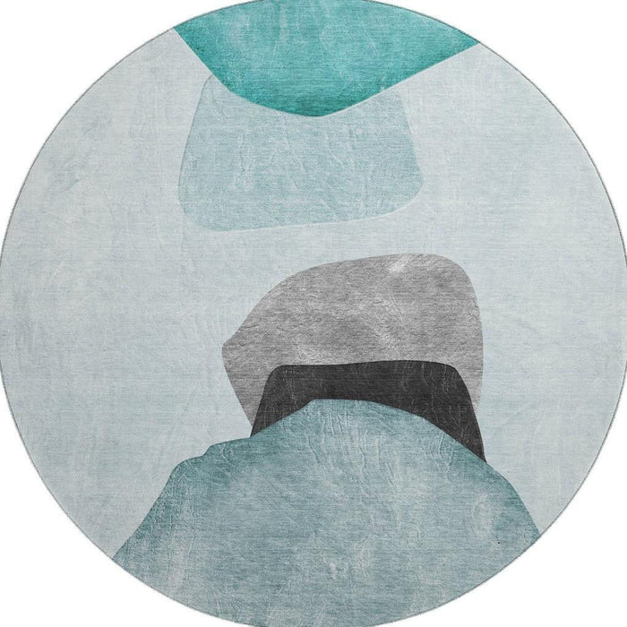 8' Abstract Washable Round Rug With UV Protection (648487) - Teal / Gray