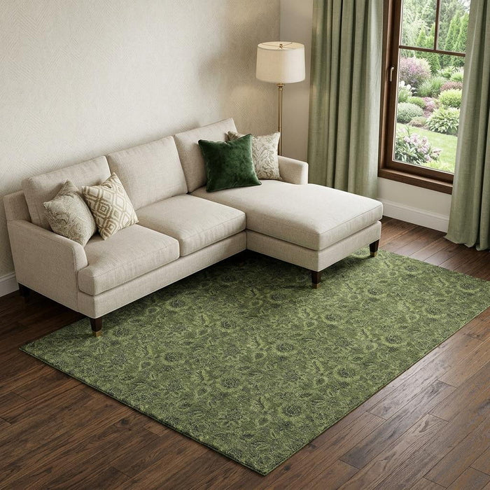 10' X 14' Floral Washable Area Rug With UV Protection (655078) - Olive Green / Charcoal