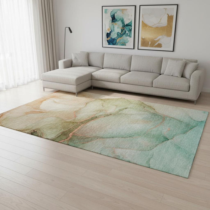 10' X 14' Abstract Washable Area Rug With UV Protection (646930) - Teal / Ivory