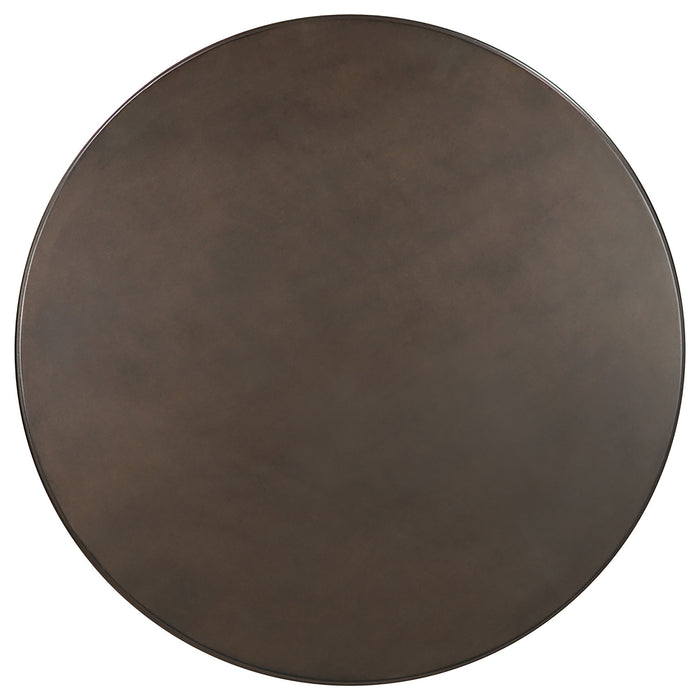 Oswego round 30-inch bronze bistro dining table by CoasterEveryday, showcasing its sturdy metal frame and smooth surface.