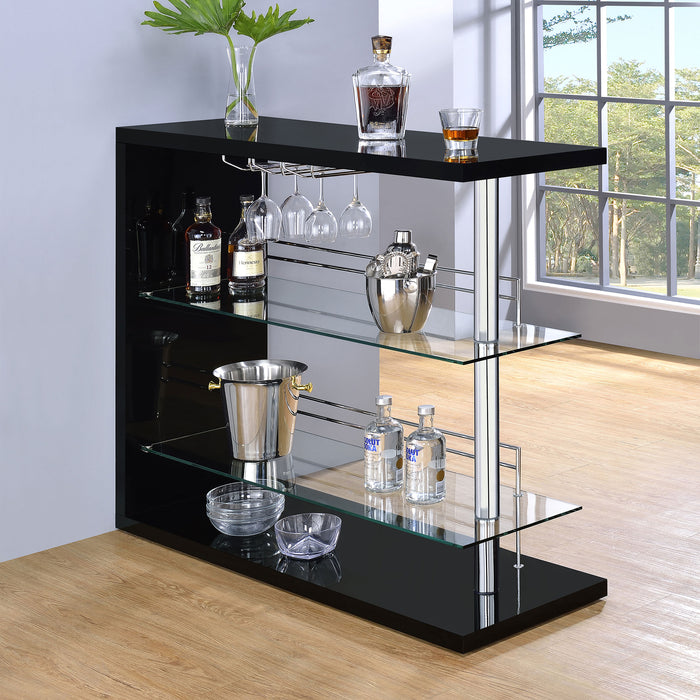 Black high gloss rectangular home wine table by CoasterEssence with a sleek, modern design for elegant wine serving and storage.