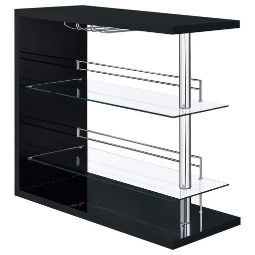 Black high gloss Prescott rectangular home wine table by CoasterEssence, showcasing a sleek modern furniture design.