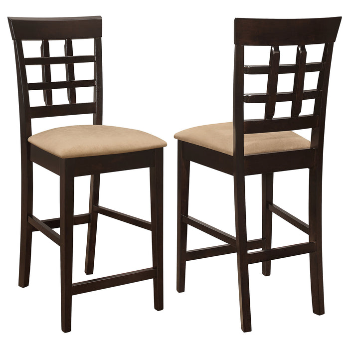 Set of two CoasterEveryday Gabriel lattice-back upholstered counter chairs in cappuccino with cushioned seats and wooden legs.