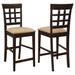 Set of two CoasterEveryday Gabriel lattice-back upholstered counter chairs in cappuccino with cushioned seats and wooden legs.