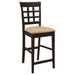 Set of two CoasterEveryday Gabriel lattice-back upholstered counter chairs in cappuccino finish, featuring cushioned seats and stylish design.