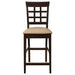 Pair of CoasterEveryday Gabriel lattice-back upholstered counter chairs in cappuccino finish with cushioned seats, set of two.