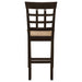 Pair of CoasterEveryday Gabriel lattice-back upholstered counter chairs in cappuccino with cushioned seats, set of two.