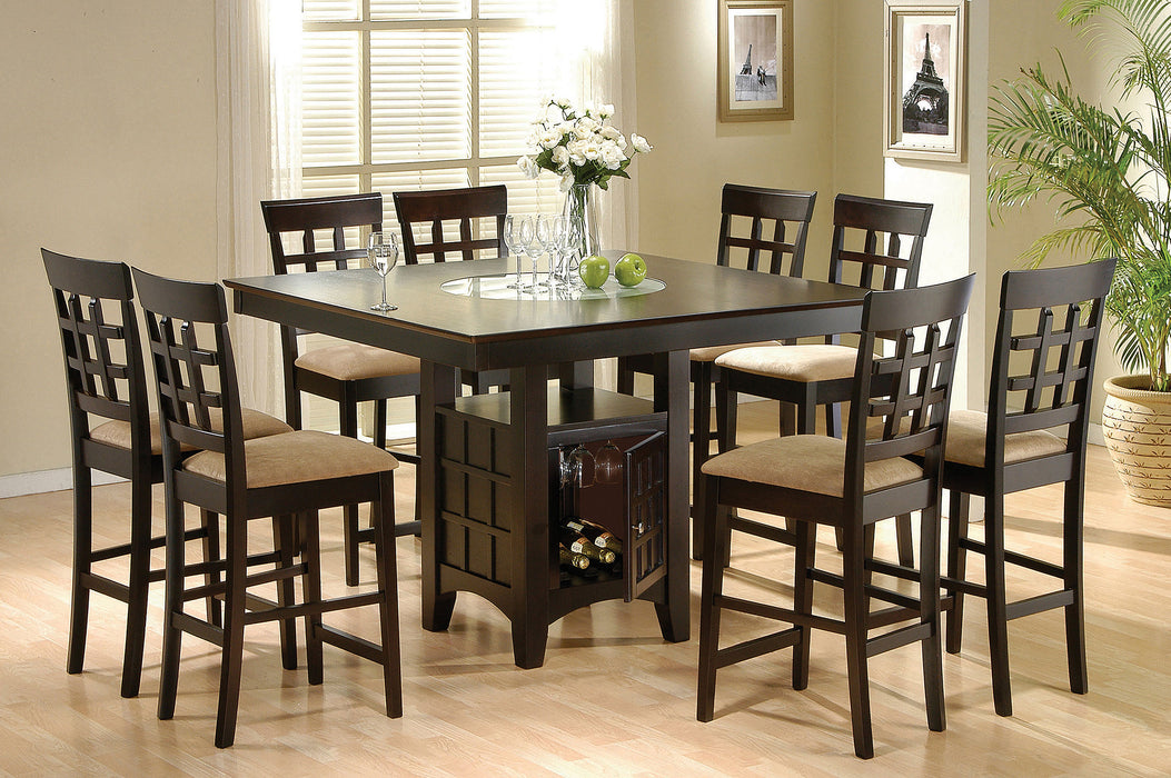 Set of two CoasterEveryday Gabriel lattice-back upholstered counter chairs in cappuccino with cushioned seats and stylish design.