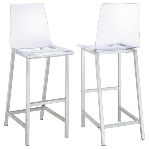 Set of two CoasterEssence Juelia clear acrylic bar chairs with chrome legs, showcasing modern transparent seating and sleek design.