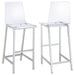 Set of two CoasterEssence Juelia clear acrylic bar chairs with chrome legs, showcasing modern transparent seating and sleek design.
