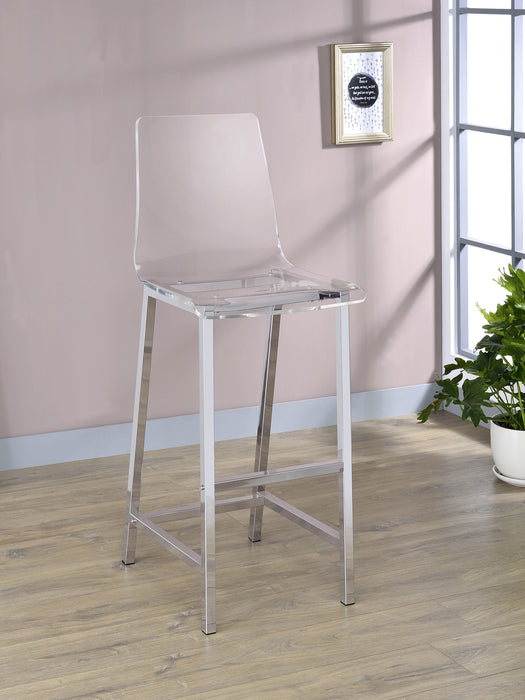 Set of two CoasterEssence Juelia clear acrylic bar chairs with chrome legs, showcasing modern transparent design and sturdy construction.