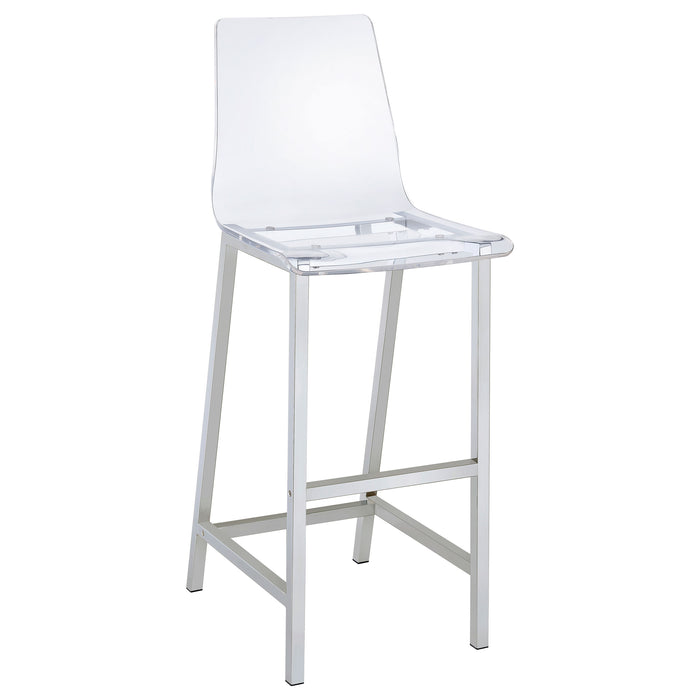 Set of two Juelia clear acrylic bar chairs with chrome legs, modern furniture by CoasterEssence, showing the sleek, transparent design.