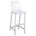 Set of two Juelia clear acrylic bar chairs with chrome legs, modern furniture by CoasterEssence, showing the sleek, transparent design.
