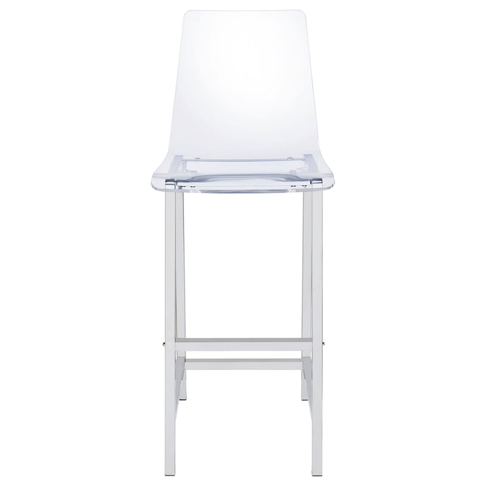 Set of two Juelia clear acrylic bar chairs with chrome legs, modern furniture by CoasterEssence, showing sleek and transparent design.