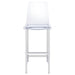 Set of two Juelia clear acrylic bar chairs with chrome legs, modern furniture by CoasterEssence, showing sleek and transparent design.