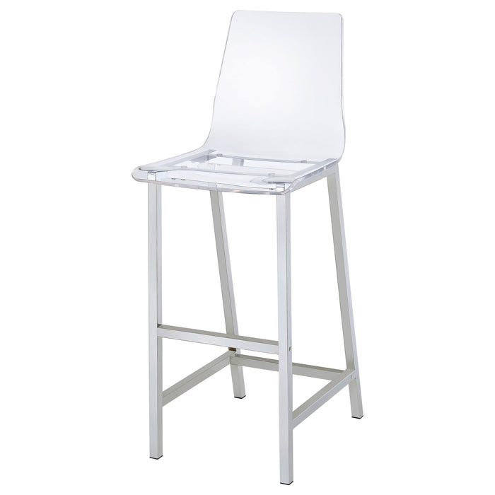 Set of two Juelia clear acrylic bar chairs with chrome legs from CoasterEssence, showcasing modern furniture design and transparent seats.