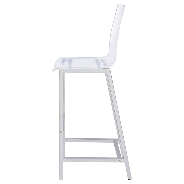 Set of two CoasterEssence Juelia clear acrylic bar chairs with chrome legs, showcasing modern furniture design and transparent seating.