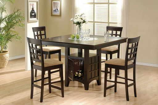 CoasterEveryday Gabriel 5-piece lattice-back counter height dining set with cappuccino finish, includes table and chairs.