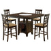 CoasterEveryday Gabriel 5-piece lattice-back counter height dining set in cappuccino wood finish, includes table and chairs.