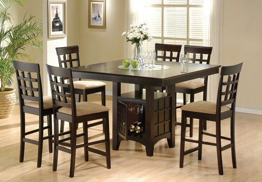 Gabriel 7-piece lattice-back counter height dining set in cappuccino finish, including table and matching chairs, by CoasterEveryday.