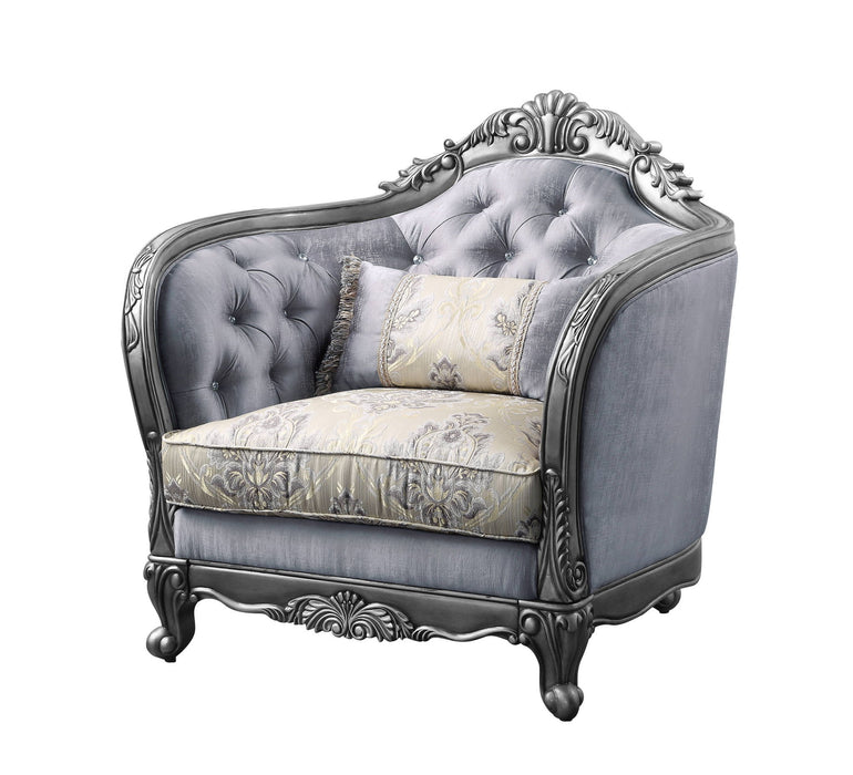 Fabric And Platinum Floral Tufted Arm Chair 43" - Light Gray