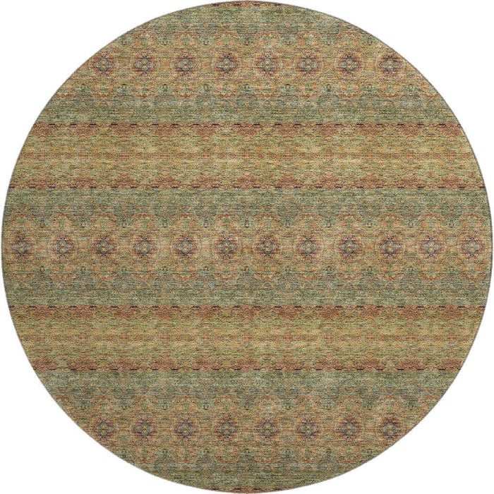 8' Floral Medallion Washable Round Rug With UV Protection (651319) - Green / Copper