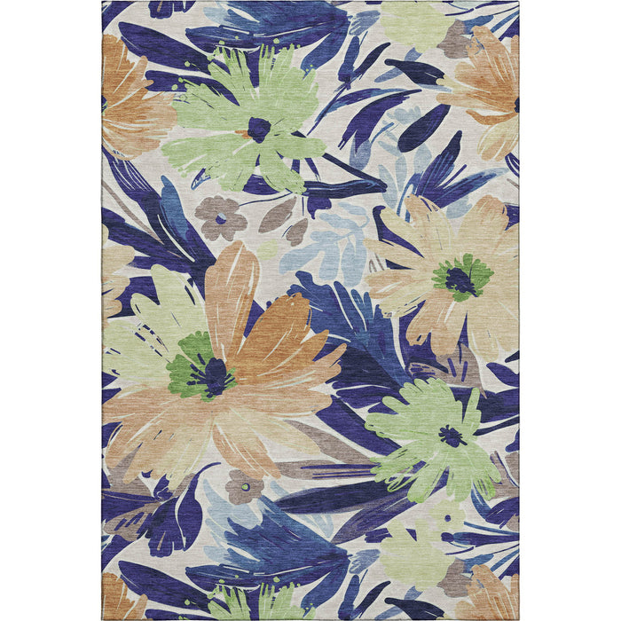 10' X 14' Floral Washable Area Rug With UV Protection (693966) - Navy Blue / Mint Green / Copper