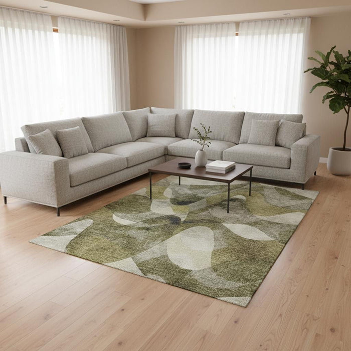 10' X 14' Abstract Washable Area Rug With UV Protection (648094) - Olive Green / Gray / Ivory