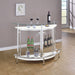White Amarillo freestanding glass top home bar wine cabinet by CoasterEssence with storage shelves and a sleek design.