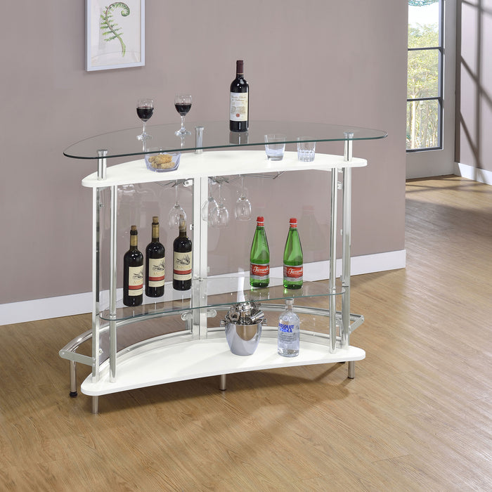 Amarillo freestanding glass top home bar wine cabinet in white, featuring a sleek modern furniture design with glass accents.