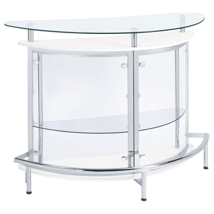 CoasterEssence Amarillo freestanding glass top home bar wine cabinet in white, featuring a spacious design with glass doors and storage.