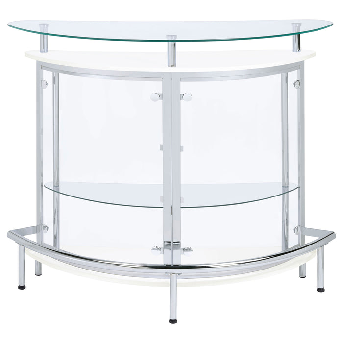 CoasterEssence Amarillo freestanding glass top home bar wine cabinet in white with shelves and storage space for bottles and glassware.