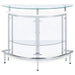 CoasterEssence Amarillo freestanding glass top home bar wine cabinet in white with shelves and storage space for bottles and glassware.