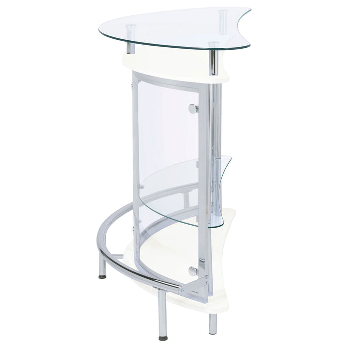 CoasterEssence Amarillo freestanding glass top home bar wine cabinet in white with shelves and storage for bottles and glassware.