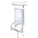 CoasterEssence Amarillo freestanding glass top home bar wine cabinet in white with shelves and storage for bottles and glassware.