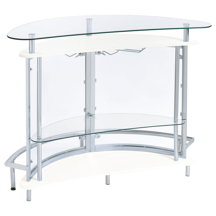 Amarillo freestanding glass top home bar wine cabinet by CoasterEssence, white furniture with glass display surface and storage space